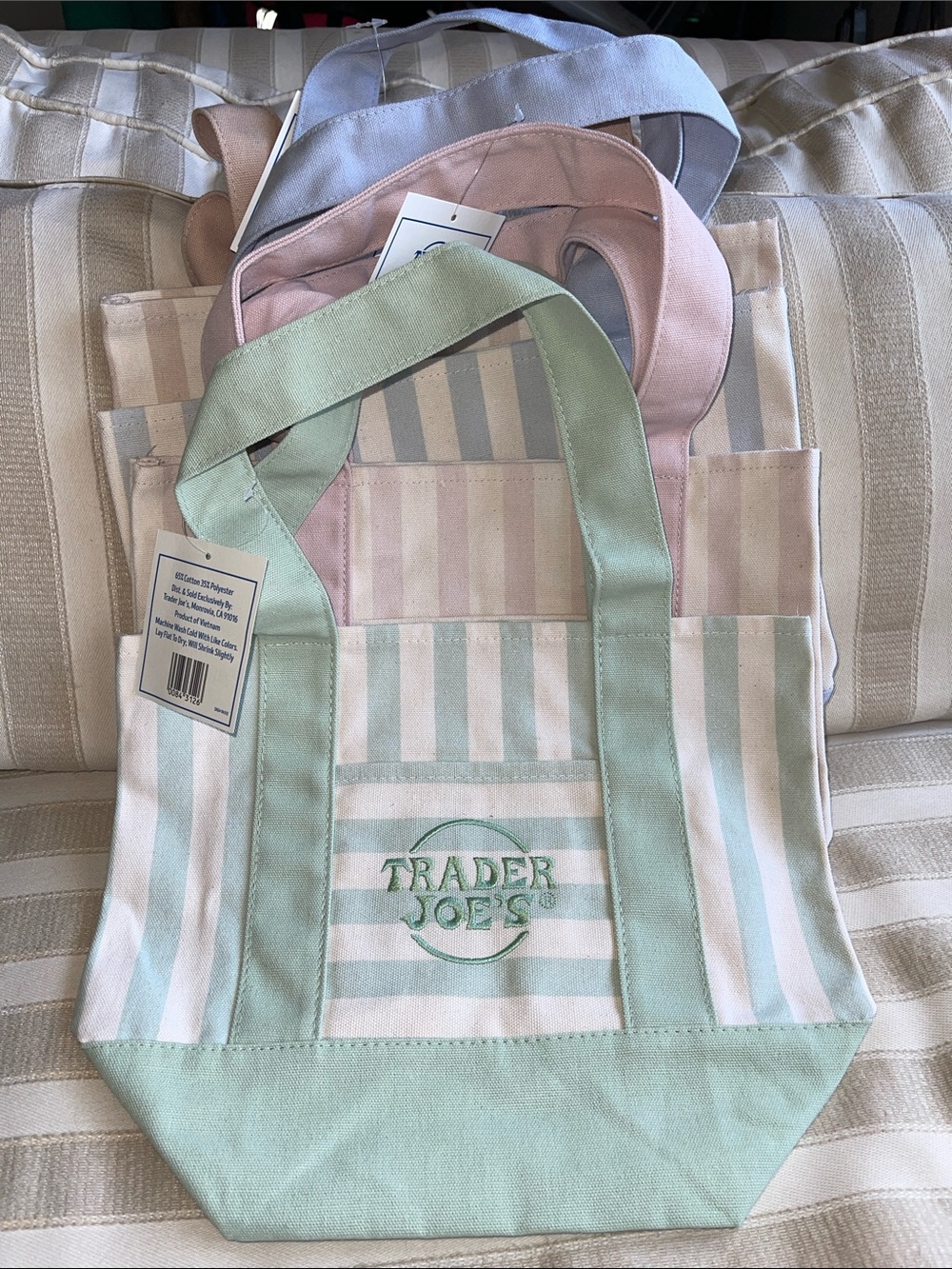 Trader Joe's Pastel Striped Canvas Tote - Pink, blue, green and beige. Set of 4